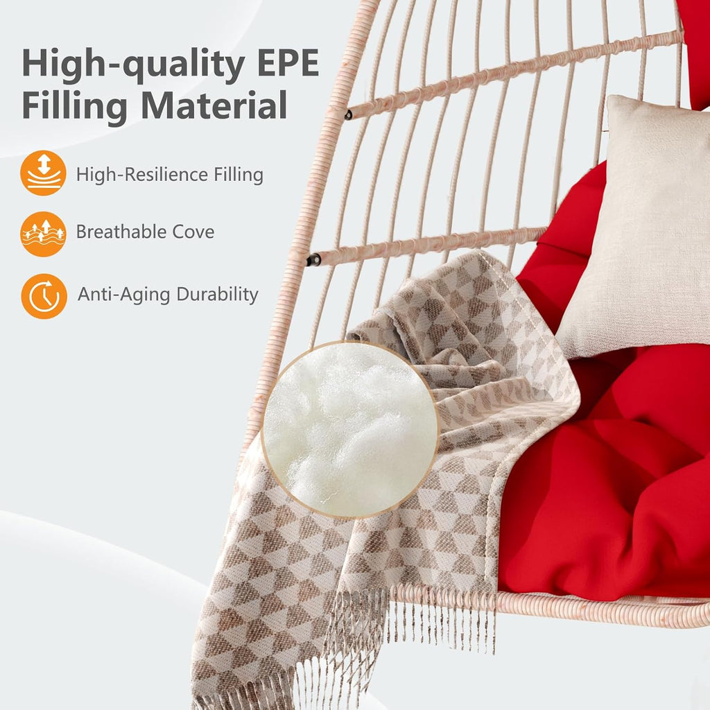 Hanging Egg Chair with Pillow, HDPE Rattan Foldable Swing Chair with Aluminum Frame & UV Resistant Cushion, Hammock Egg Basket Without Stand for Indoor Outdoor, 350Lbs Capacity (Red Cushion)