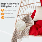 Hanging Egg Chair with Pillow, HDPE Rattan Foldable Swing Chair with Aluminum Frame & UV Resistant Cushion, Hammock Egg Basket Without Stand for Indoor Outdoor, 350Lbs Capacity (Red Cushion)