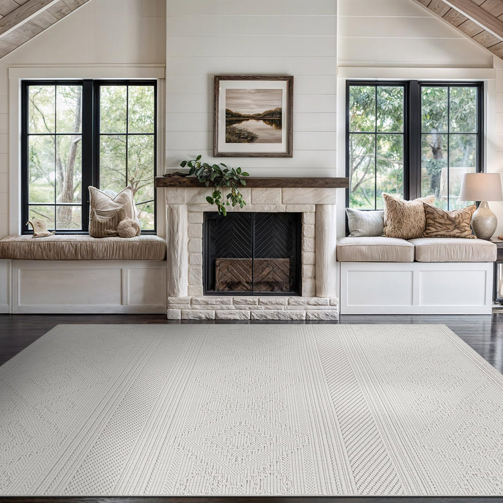 Beverly Rug Micro Loop Large Area Rug White 9x12 Modern Luxury Boho Geometric Durable Indoor Area Rugs for Living Dining Room Office Stain Resistant Non Shedding Casual Indoor Carpet White 9 x 12