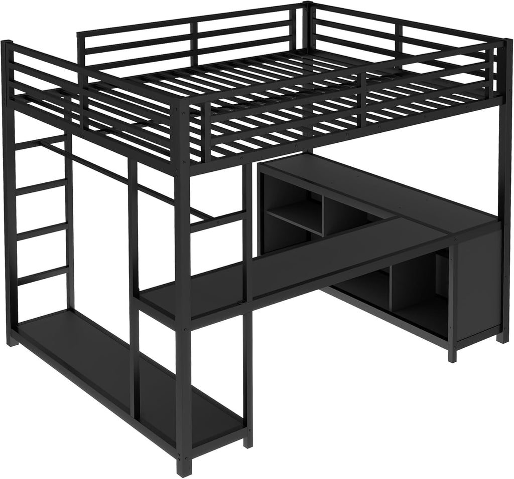 Queen Loft Bed with L-shaped Desk and Wardrobe, Metal Loftbed with Storage Cubes and Shelves, Heavy-duty Loft Bed Frame for Kids, Teens, Adults, Noise-free and No Box Spring Needed Design, Black