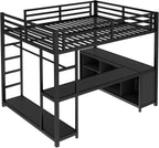 Queen Loft Bed with L-shaped Desk and Wardrobe, Metal Loftbed with Storage Cubes and Shelves, Heavy-duty Loft Bed Frame for Kids, Teens, Adults, Noise-free and No Box Spring Needed Design, Black