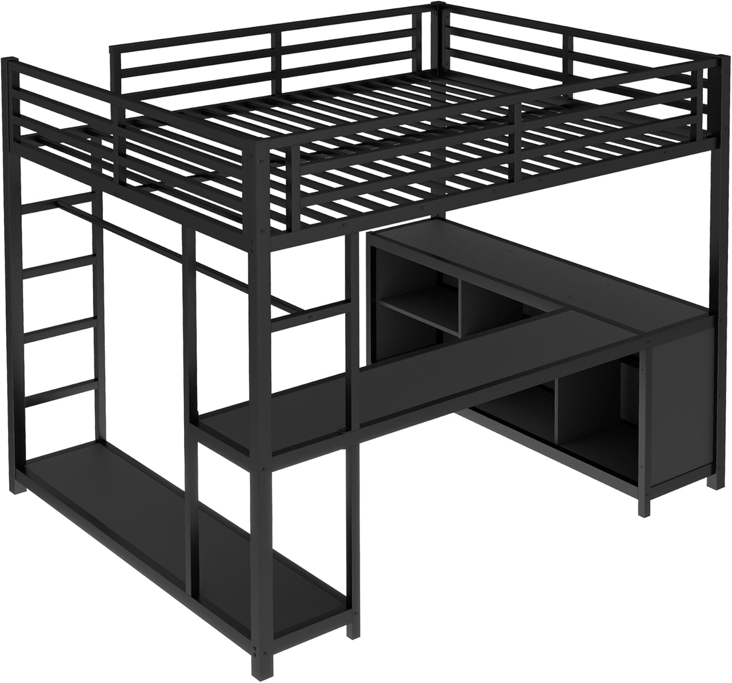 Queen Loft Bed with L-shaped Desk and Wardrobe, Metal Loftbed with Storage Cubes and Shelves, Heavy-duty Loft Bed Frame for Kids, Teens, Adults, Noise-free and No Box Spring Needed Design, Black