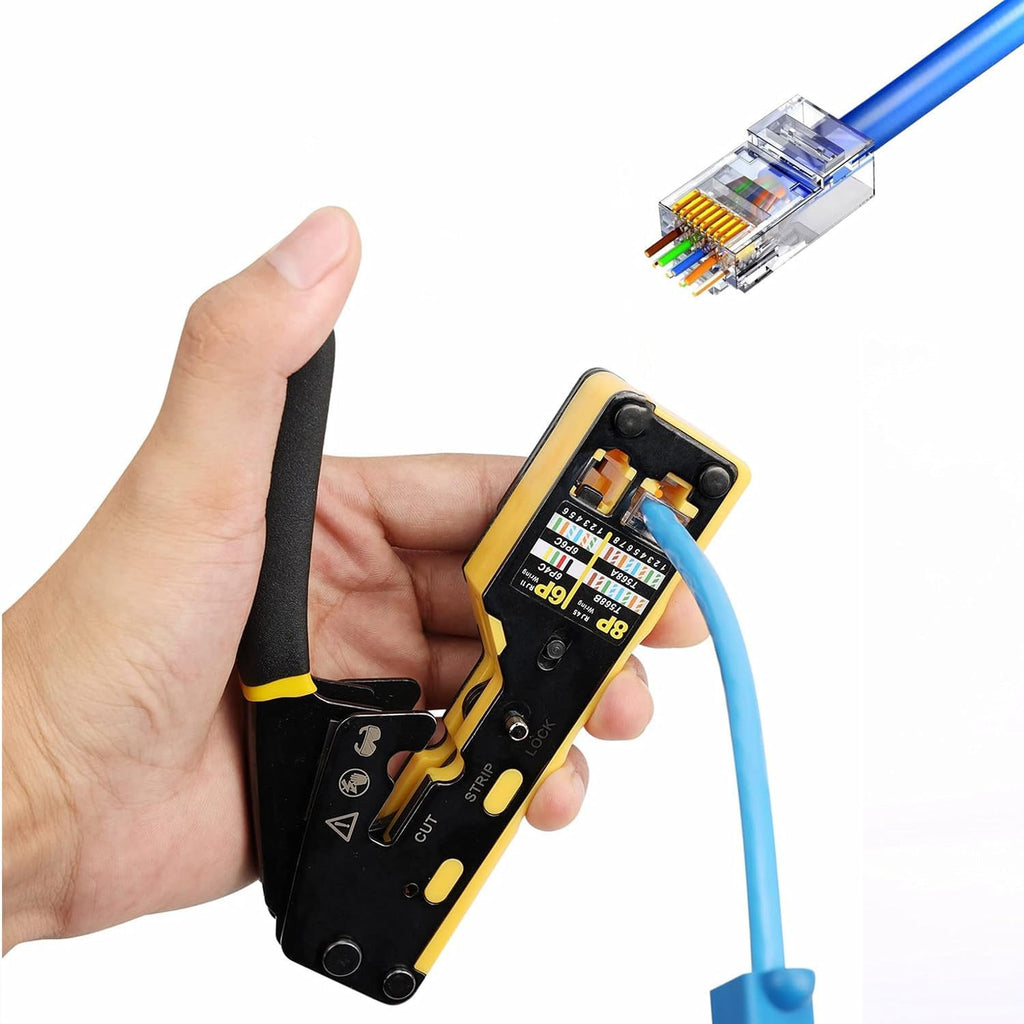 Pass Through RJ45 Crimp Tool Kit, Network Tool Kit, Ethernet Crimper Cat6 Cat5e Cat5 Crimping Tool with Wire Tracker, 110/88 Punchdown Tool, Cat6 Pass Through Connectors, Wire Stripper