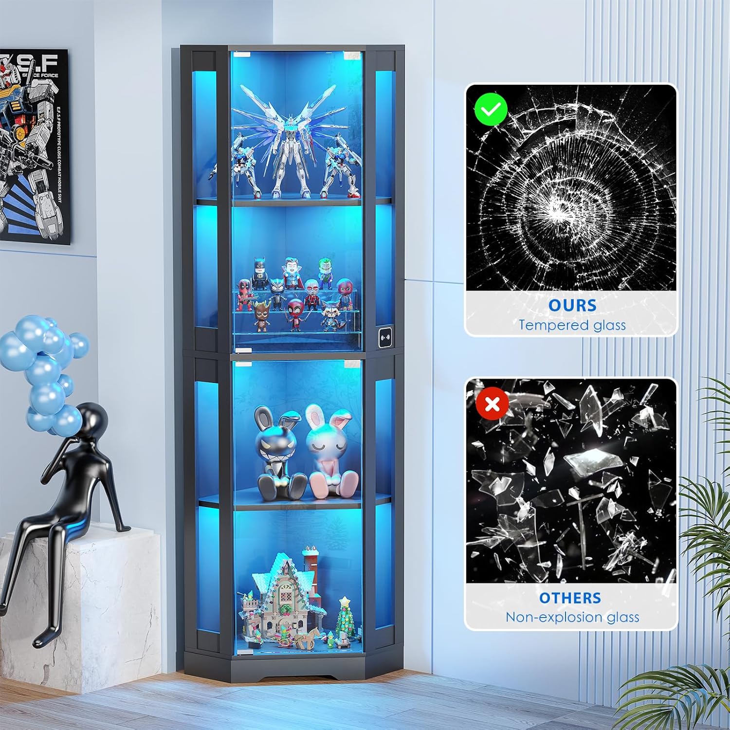 65" Corner Glass Display Cabinet with LED Lights, 4-Tier Showcase Display Case with Glass Doors & Human Body Sensor for Collectibles, Liquor, Black
