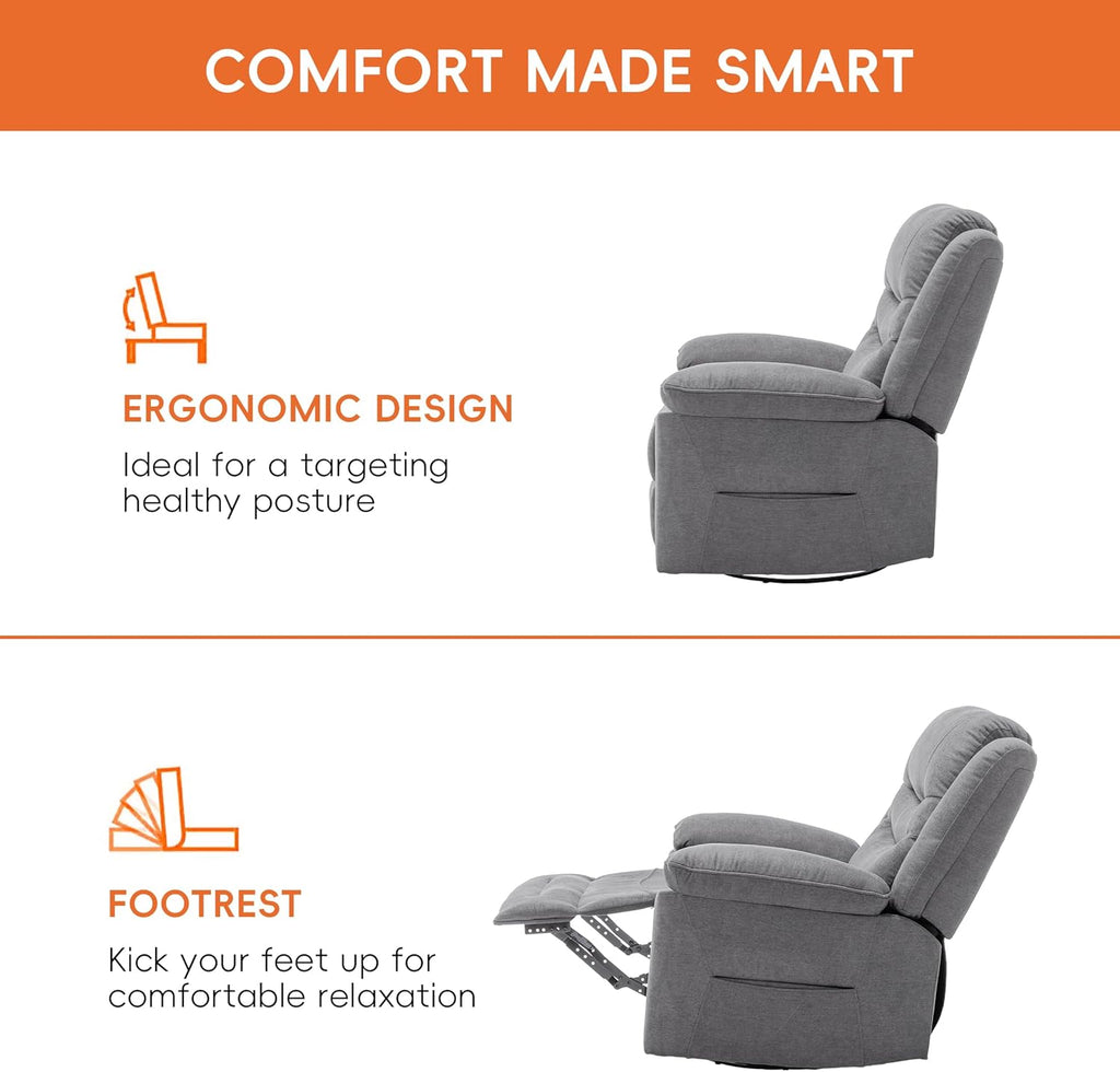 Power Swivel Rocker Recliner with Massage and Heat, USB Port, Infinite Position, Oversized Electric Glider Rocking Chairs Living Room, Soft Fabric Reclining Sofa Chair(Misty Gray)
