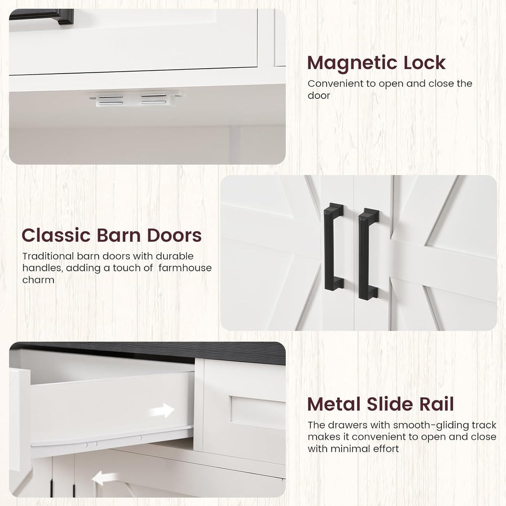 TEENFON 61" Farmhouse Buffet Cabinet with 2 Adjustable Shelves, Sideboard with 3 Drawers & 4 Doors, Rustic Storage Cabinet for Kitchen, Entryway, Coffee Bar, White
