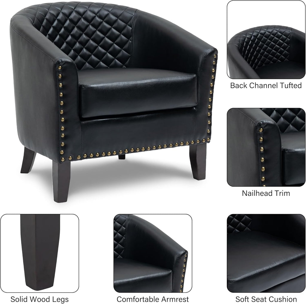 Pia Ricco Faux Leather Barrel Accent Chairs Set of 4, Modern Club Arm Chair Comfy Upholstered Single Sofa Chair with Solid Wood Legs and Nailhead Trim for Living Room/Reading Room, Black