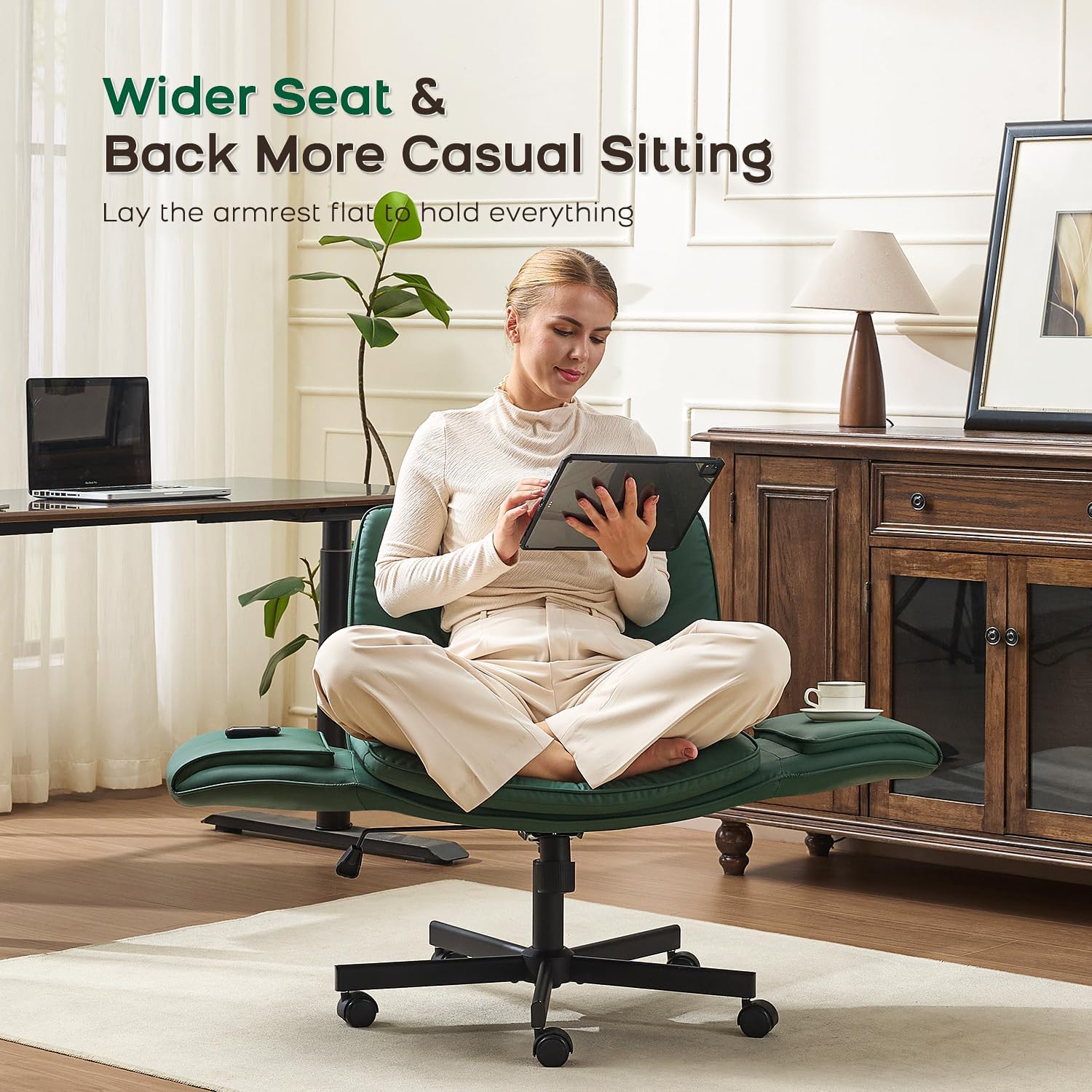 amseatec Criss Cross Chair with Armrests & Wheels, Adjustable Swivel Comfortable Lounge Vanity Chairs, Home Office Desk Chair, Medieval Style, (Christmas Green)