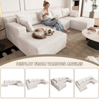 124" U Shaped Cloud Couch Sectional, Corduroy Upholstered 4-Seater Cloud Couches for Living Room, Deep Seat Modular Boneless Sofa with Lounge Chaise, No Assembly Required, White