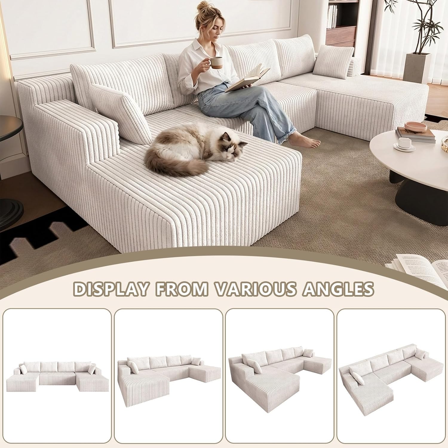 124" U Shaped Cloud Couch Sectional, Corduroy Upholstered 4-Seater Cloud Couches for Living Room, Deep Seat Modular Boneless Sofa with Lounge Chaise, No Assembly Required, White