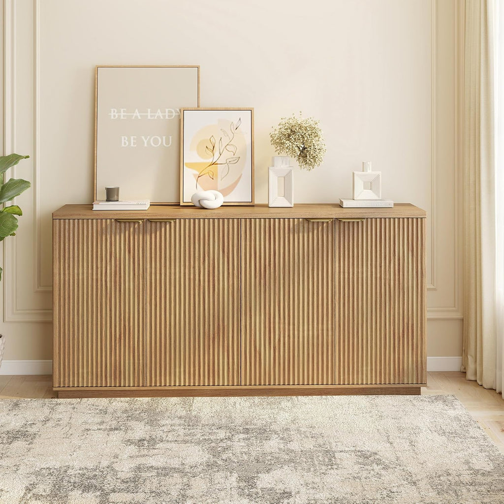 Fluted Sideboard Buffet Cabinet with Storage,63" Modern Credenza Storage Cabinet with Doors and Adjustable Shelves,Wooden Buffet Cabinet for Kitchen,Living Room,Natural Oak
