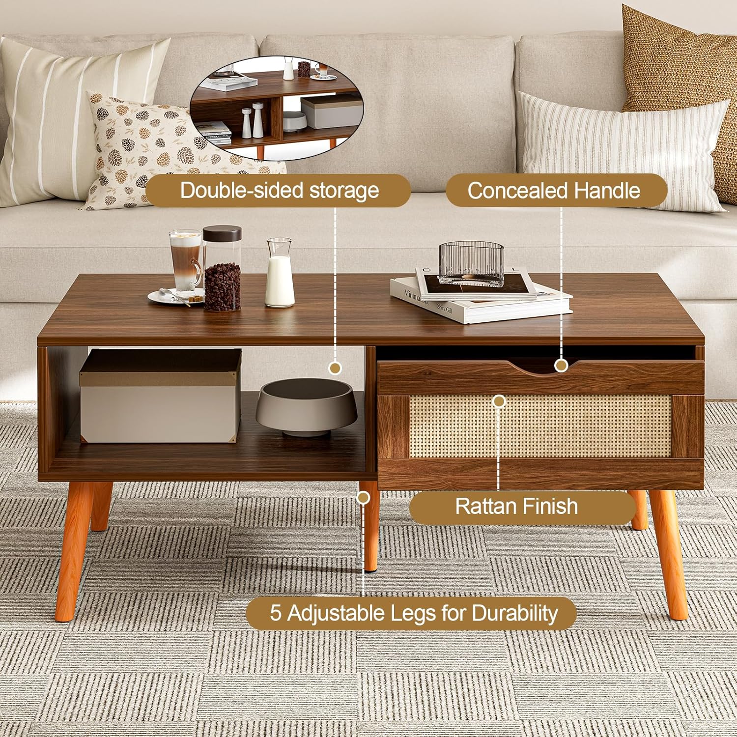 ZttRiee Coffee Table with Storage, Boho Dining Table with Rattan Drawer and Solid Wood Legs, Small Coffee Tables for Living Room, Walnut