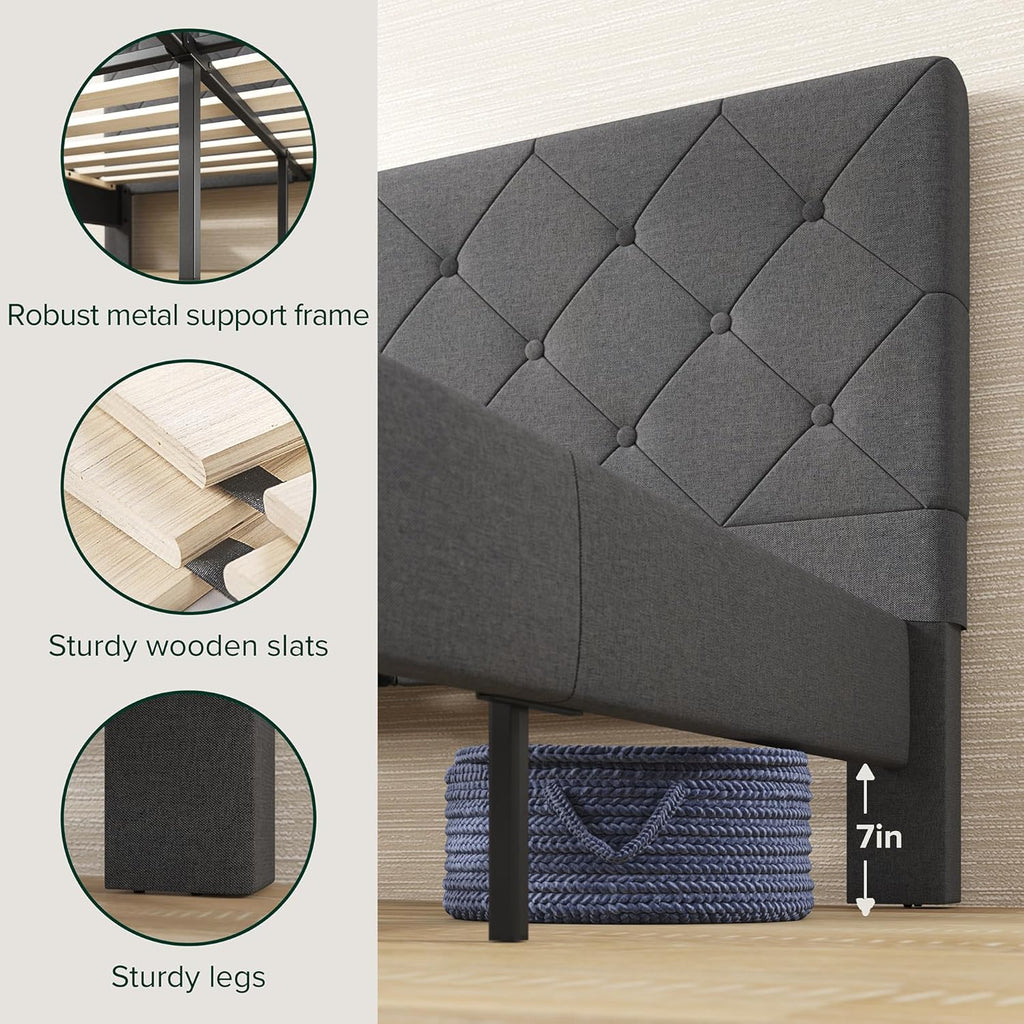Zinus King Shalini Upholstered Platform Bed Frame with Headboard New WonderBox(TM) Version, Wooden Slat Support, No Box Spring Needed, Easy Assembly, Eco Friendly Packaging, Dark Grey