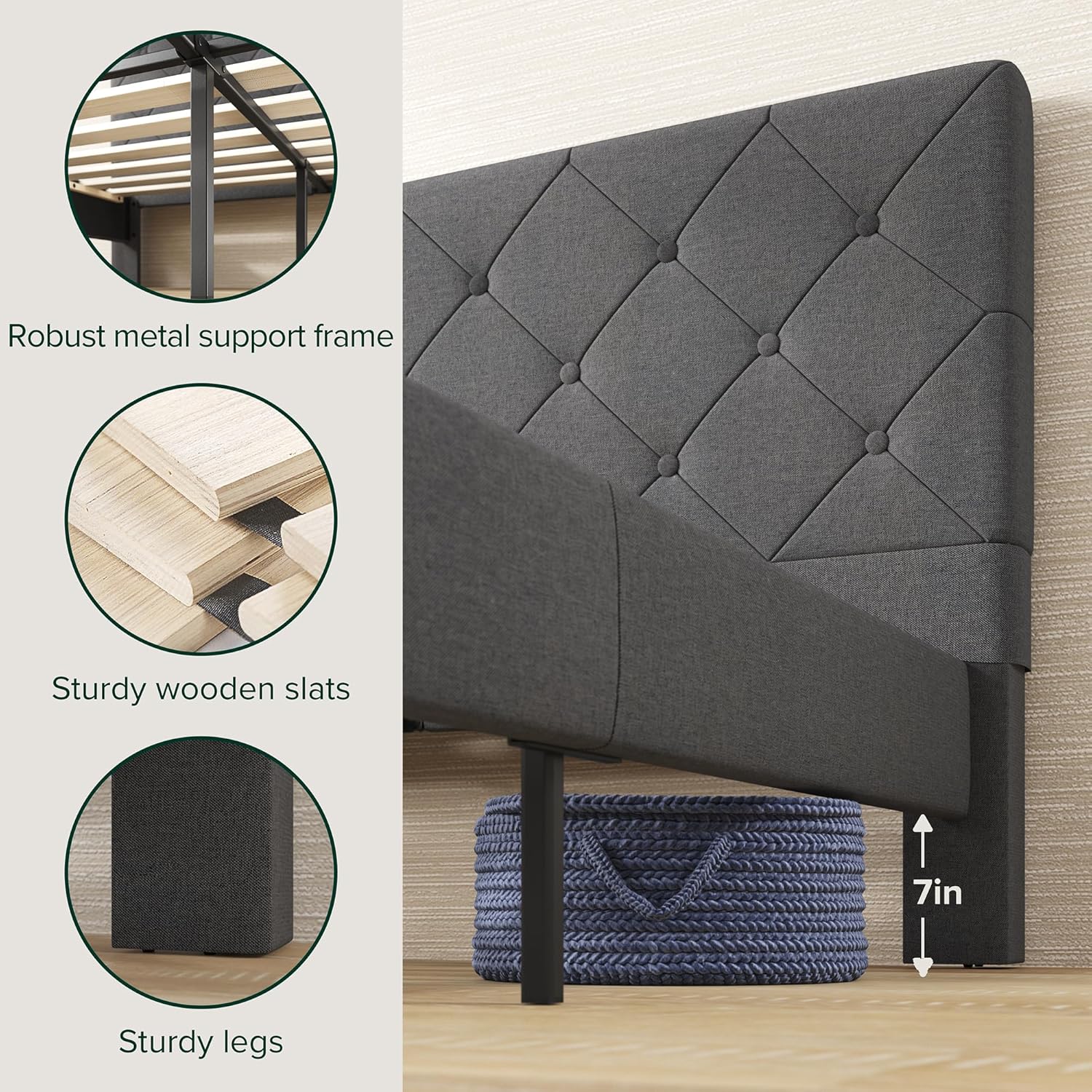 Zinus King Shalini Upholstered Platform Bed Frame with Headboard New WonderBox(TM) Version, Wooden Slat Support, No Box Spring Needed, Easy Assembly, Eco Friendly Packaging, Dark Grey