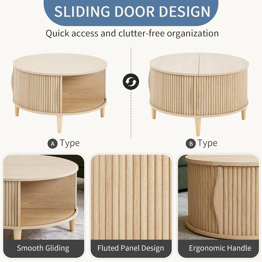 DUMOS Coffee Table, Round Coffee Tables with Storage, Fluted Center Table for Living Room, 31.69" Mid Century Modern Table with Sliding Cabinet Door, 2-Tier Rustic Wood Desktop, Wood