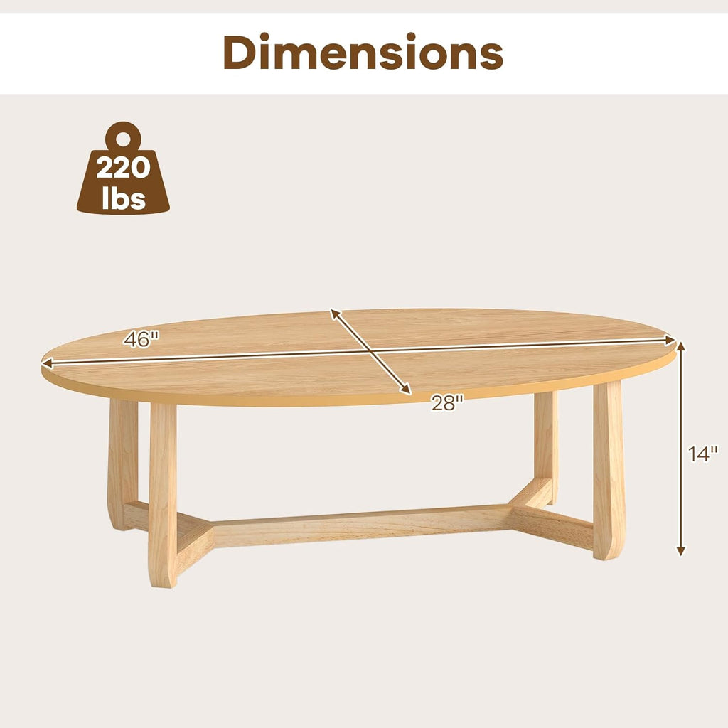 Giantex Oval Coffee Table, 46'' Wood Center Table with Thickened Top & Solid Rubber Wood Frame, Low Profile Cocktail Accent Table, Modern Living Room Table, Natural