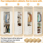 Closet System with 4 sets, 101.9" Closet Organizer Systems with 6 Drawers & 8 Hanging Rods & Adjustable Shelves, Walk in Closet Standing Closet System, Corner Closet System Set, White