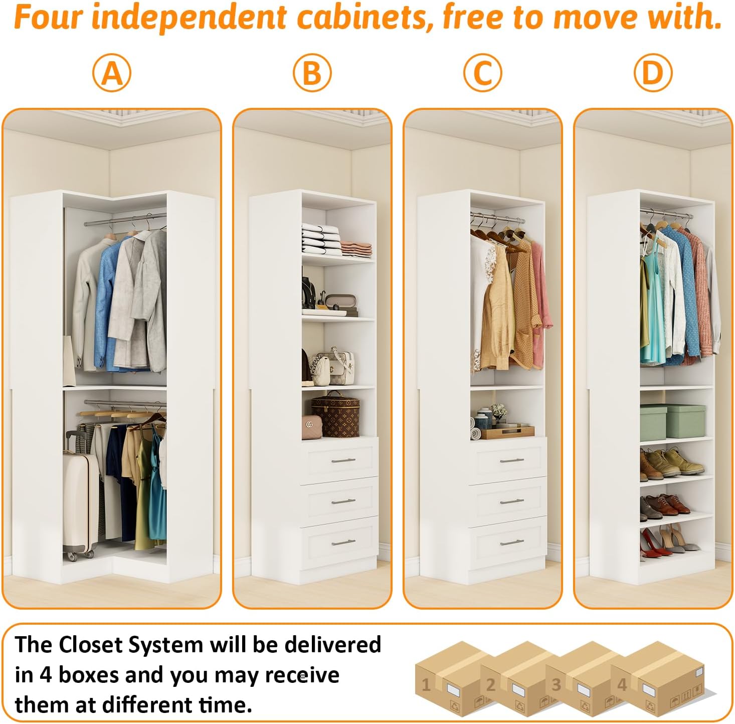 Closet System with 4 sets, 101.9" Closet Organizer Systems with 6 Drawers & 8 Hanging Rods & Adjustable Shelves, Walk in Closet Standing Closet System, Corner Closet System Set, White