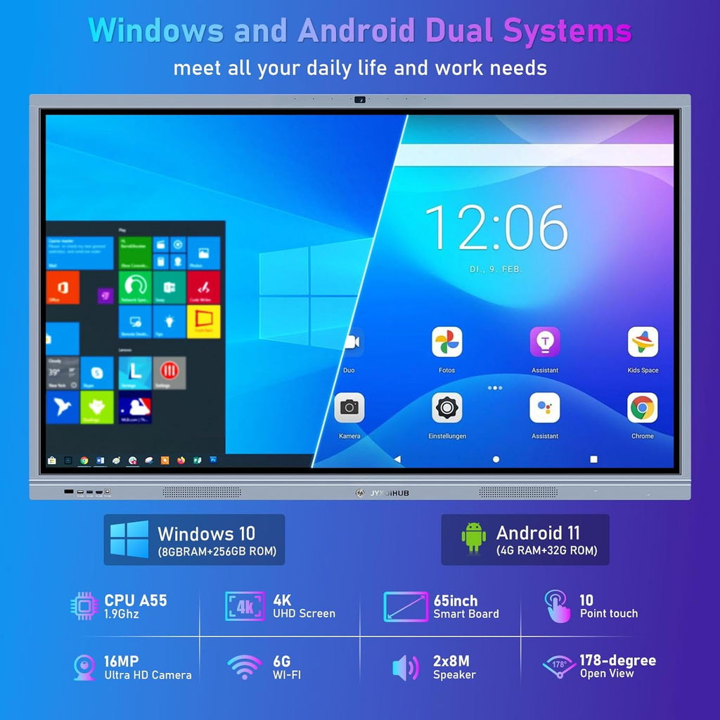 65 Inch Smart Board, 4K Electronic Whiteboard, Built in Dual System and 20MP Camera Digital White Board for Classroom and Business, Interactive Whiteboard with Video Conference System (Board Only)