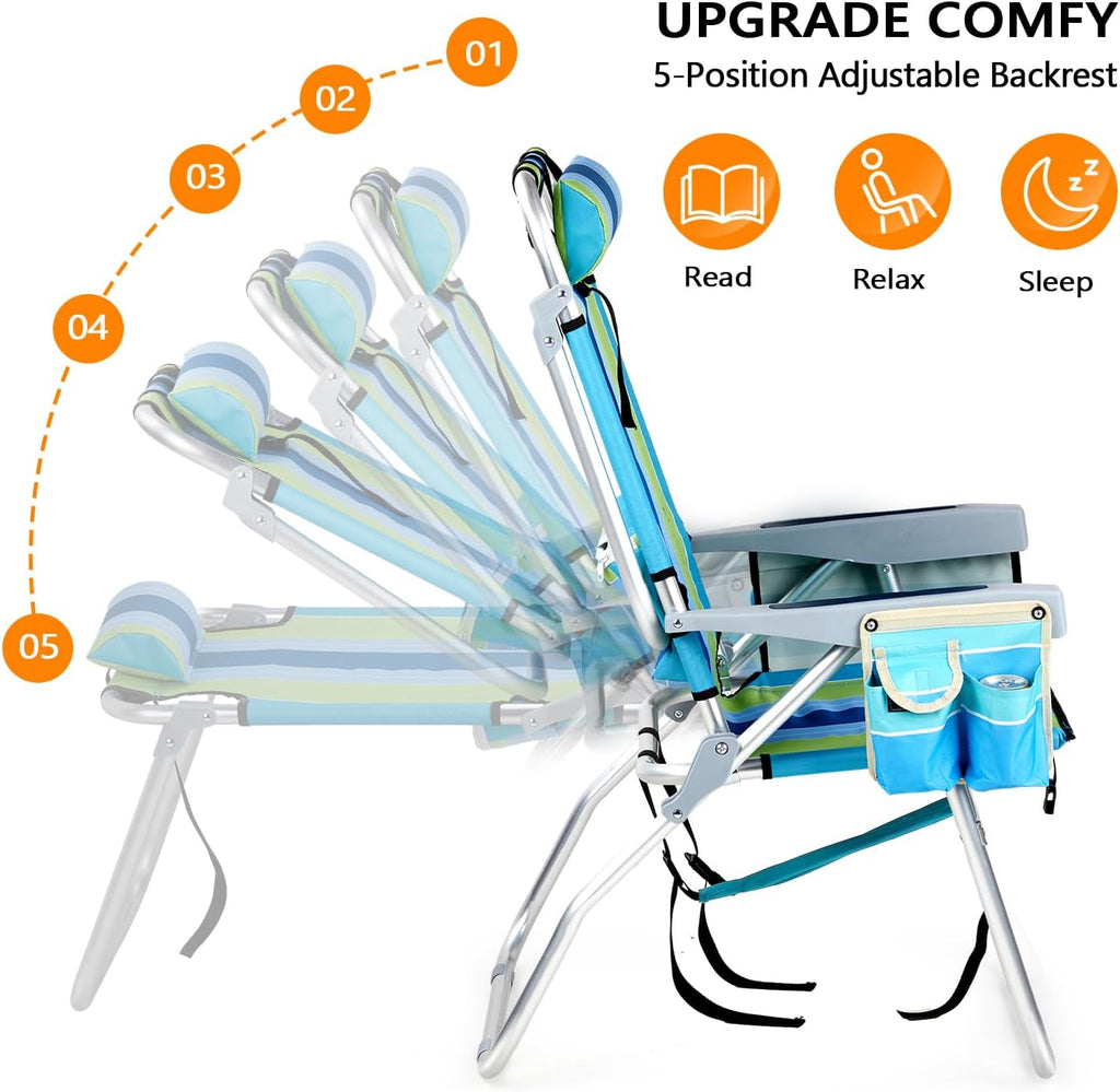 VINGLI Tall Beach Chair 2 Pack Lightweight, Backpack Beach Chair for Adults with 5-Position, Cooler Bag, Cup Holders, Towel Bar, Lightweight Folding Beach Camping Chairs （Blue/Green-16