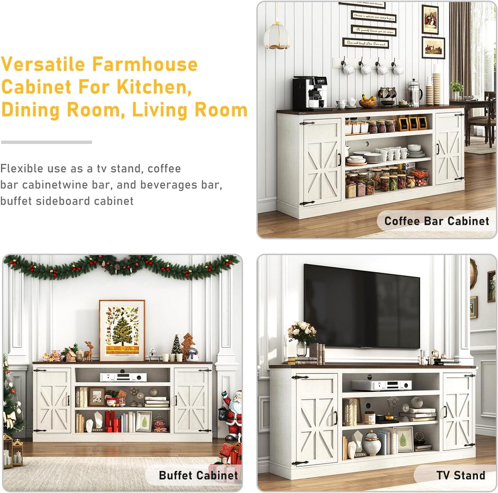 75" Farmhouse TV Stand with Power Outlets for 85 Inch TVs, 33" Tall Entertainment Center with Storage Cabinets w/Adjustable Shelves, Rustic Large TV Media Console, Rustic White