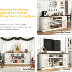 75" Farmhouse TV Stand with Power Outlets for 85 Inch TVs, 33" Tall Entertainment Center with Storage Cabinets w/Adjustable Shelves, Rustic Large TV Media Console, Rustic White