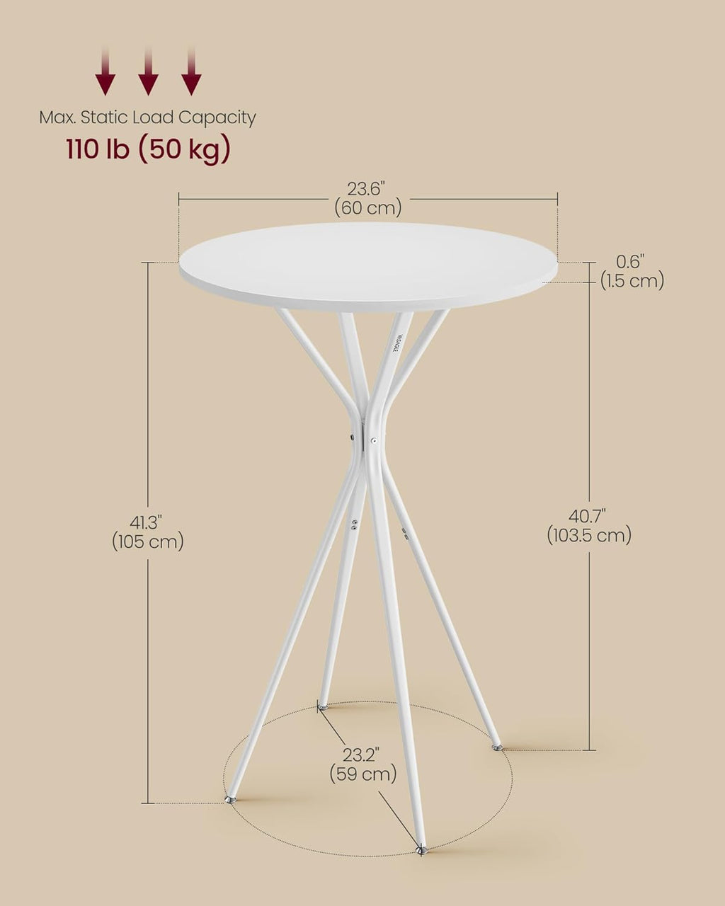 VASAGLE Bar Table, Round Cocktail High Top Pub Bistro Table for Party, Kitchen Dining, Home Bar, 23.6 x 23.6 x 41.3 Inches, Metal Frame, Modern Style, Easy to Assemble, Cloud White and Matte White