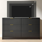 Black Dresser with 6 Deep Drawers, 55” Wide Fluted Dresser for Bedroom with Gold Handle, Modern Chest of Drawer for Closet, Bedroom, Living Room, Black