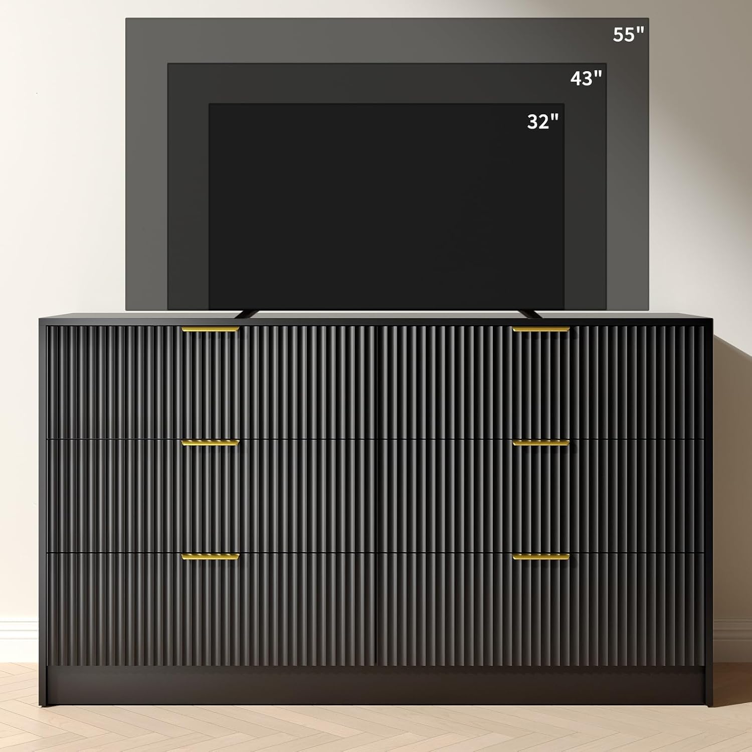 Black Dresser with 6 Deep Drawers, 55” Wide Fluted Dresser for Bedroom with Gold Handle, Modern Chest of Drawer for Closet, Bedroom, Living Room, Black