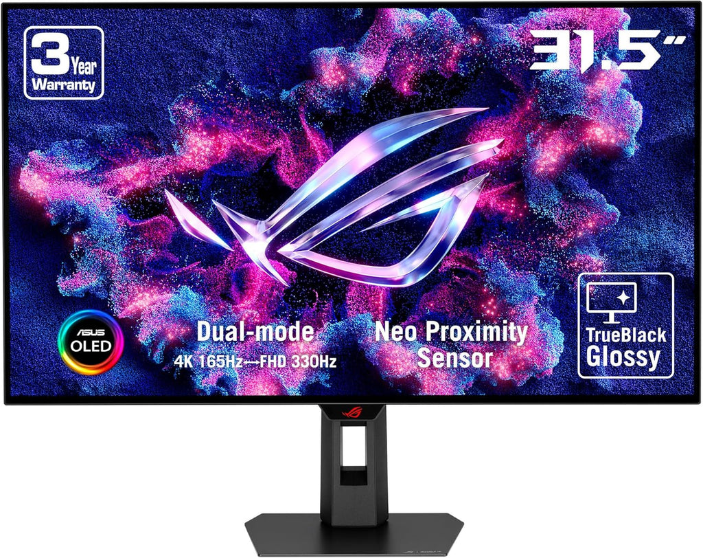 ASUS ROG Strix 32” 4K OLED Gaming Monitor (XG32UCWG) - TrueBlack Glossy OLED  Dual Mode (4K@165Hz  FHD@330Hz)  0.03ms  G-SYNC Compatible  Neo Proximity Sensor  USB-C  HDMI 2.1  3 yr Warranty