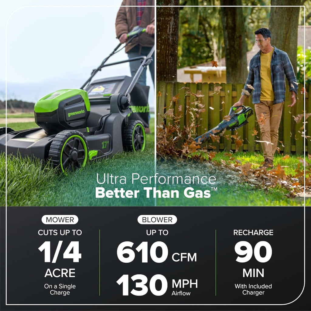 Greenworks 60V 17" Brushless (Push) Mower + 60V (610 CFM) Brushless Blower  4.0Ah Battery and 3A Charger