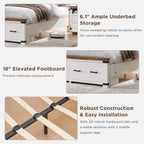 T4TREAM Farmhouse Queen Size Bed Frame with 54" Tall Geometric Headboard & 2 Large Storage Drawers, Rustic Wood Platform Bed with Wood Slats Support, No Box Spring Needed, Antique White