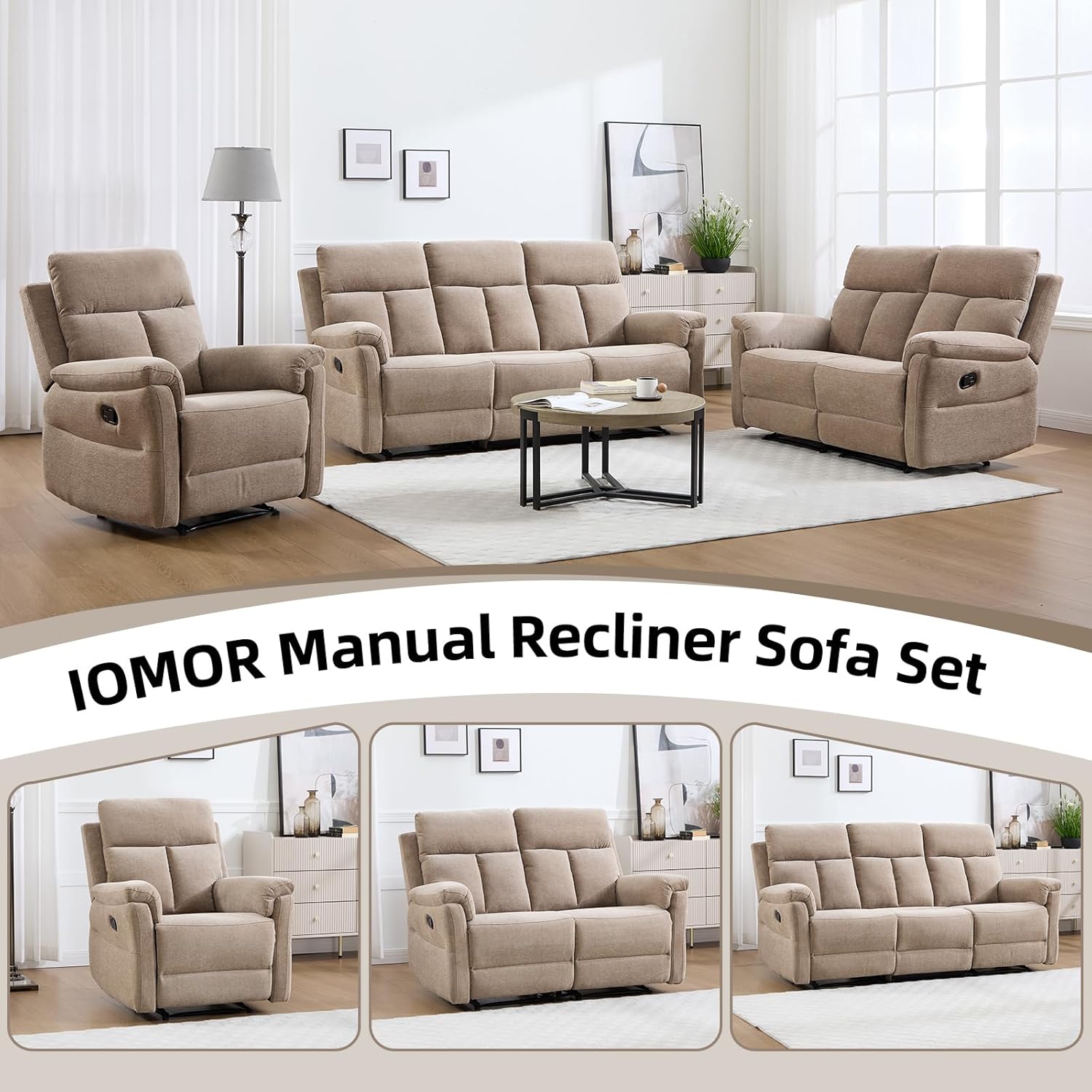 Manual Recliner Chair, Soft Fabric Recliner Chair for Adults with Overstuffed Arms and Back, Single Sofa for Living Room (Camel)