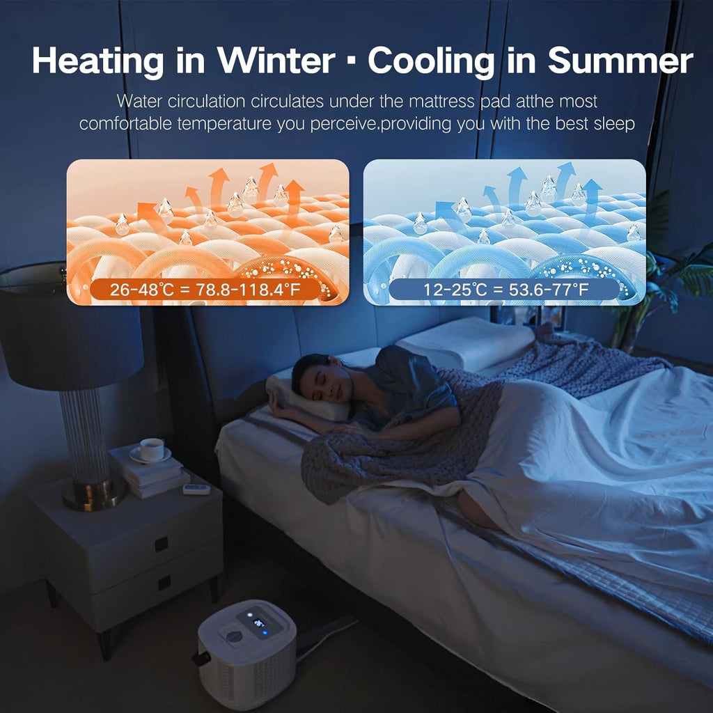 Comfort for Beds,Bed Water Cooling System with Portable Cooling Mattress & Heater(54°F-115°F), Quiet Operation,with Blankets Zone Any Size Bed .for Indoor