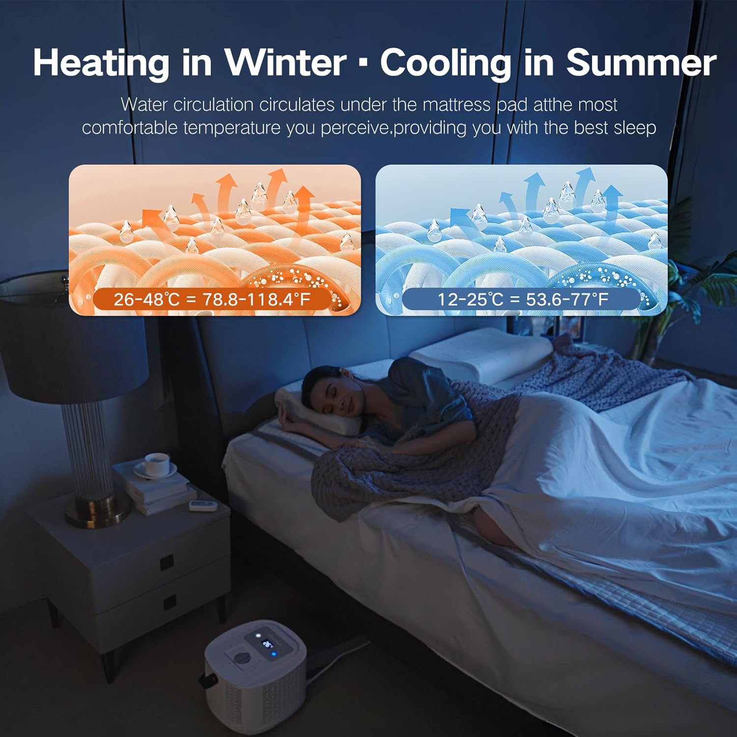 Comfort for Beds,Bed Water Cooling System with Portable Cooling Mattress & Heater(54°F-115°F), Quiet Operation,with Blankets Zone Any Size Bed .for Indoor