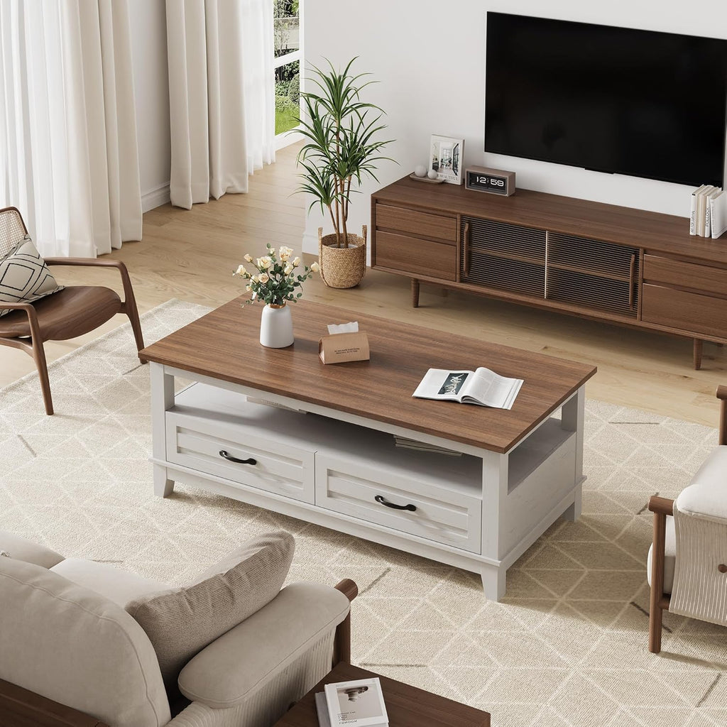 GarveeHome Farmhouse Coffee Table with Drawers, 47.2 in Center Table Rustic Coffee Tables White Brown Living Room Table, with Open Shelf and 6 Support Legs