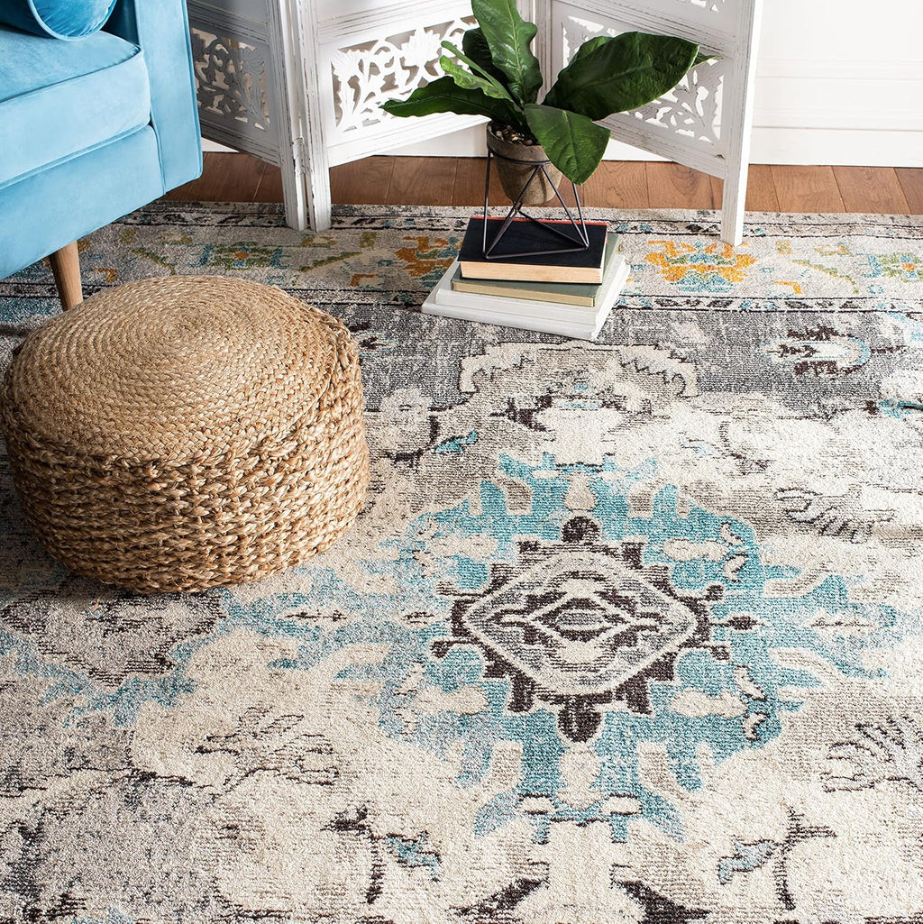 SAFAVIEH Monaco Collection Area Rug - 11' Square, Grey & Light Blue, Non-Shedding & Easy to Clean, Distressed Medallion Design, Ideal for Living Room, Bedroom, Dining Space (MNC243G)