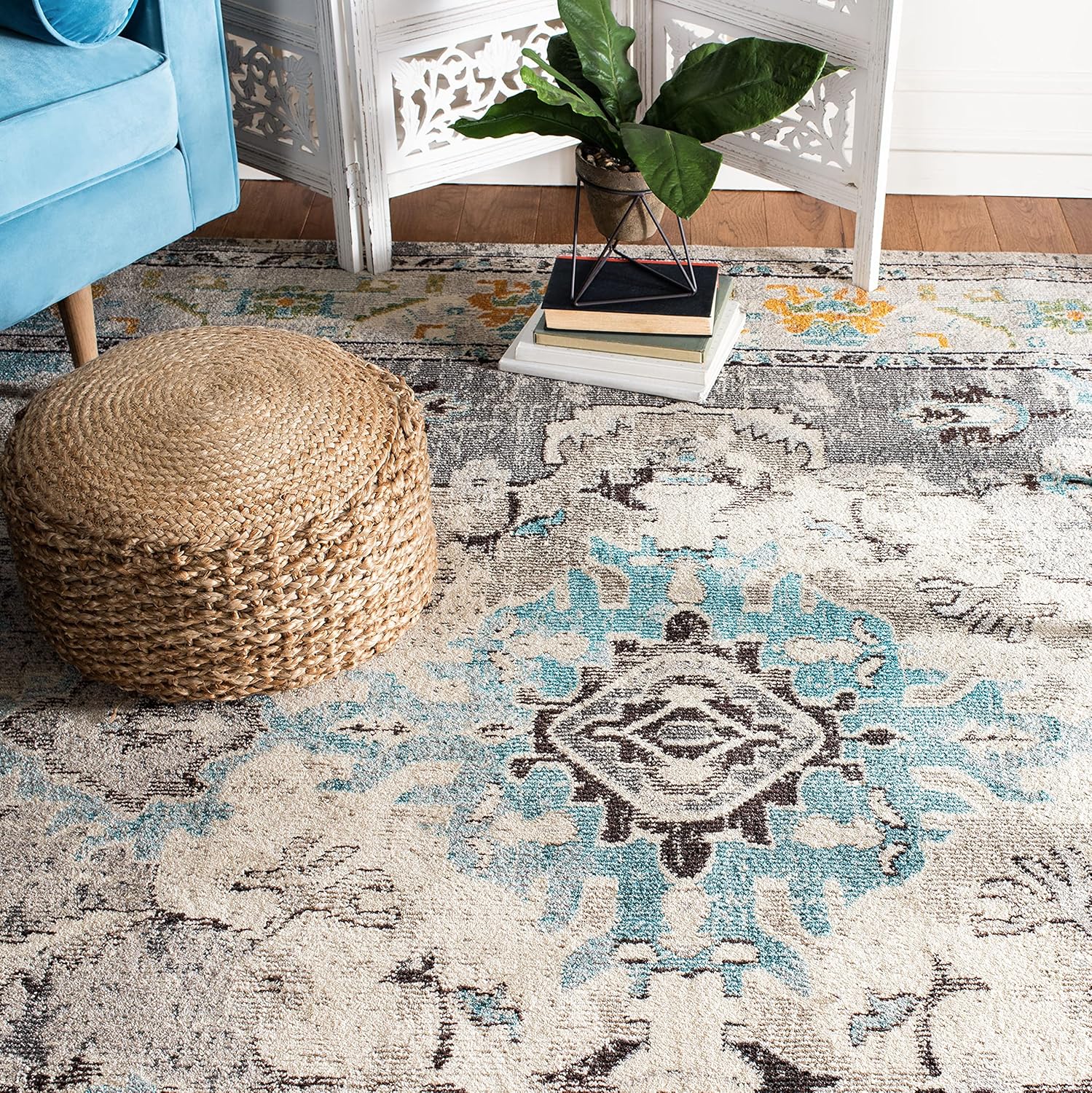 SAFAVIEH Monaco Collection Area Rug - 11' Square, Grey & Light Blue, Non-Shedding & Easy to Clean, Distressed Medallion Design, Ideal for Living Room, Bedroom, Dining Space (MNC243G)