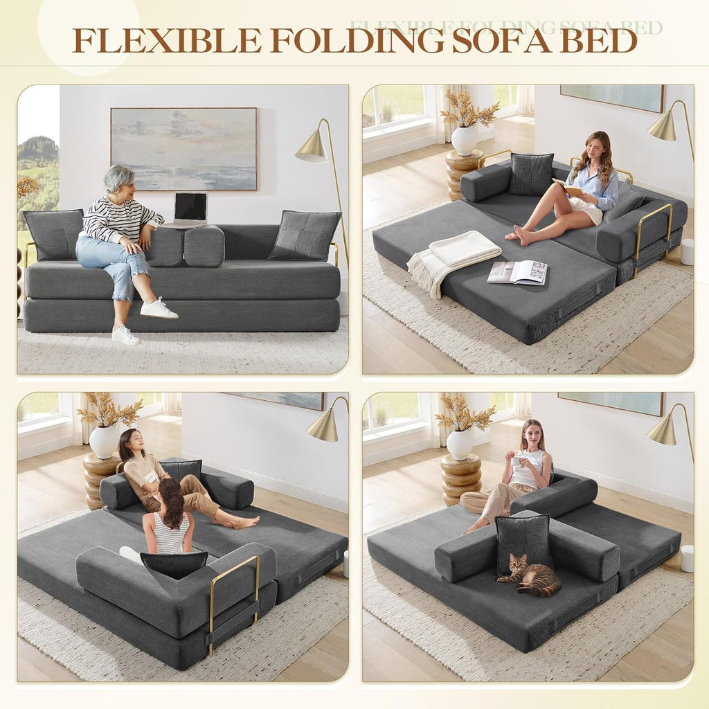 78" Convertible Futon Sofa Bed, 3-Seater Modern Corduroy Foam Floor King Size Bed Foldable Sleeper Lounge Loveseat Sofa Couch with 2 Throw Pillows for Living Room Bedroom Guest Room, Dark Grey