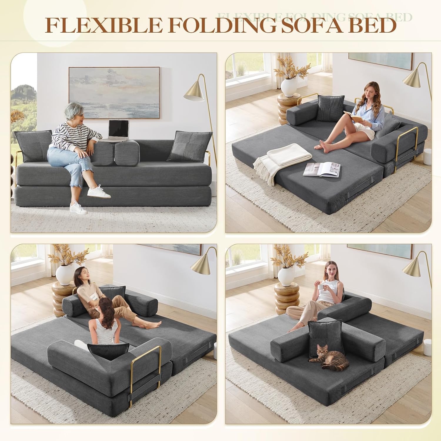 78" Convertible Futon Sofa Bed, 3-Seater Modern Corduroy Foam Floor King Size Bed Foldable Sleeper Lounge Loveseat Sofa Couch with 2 Throw Pillows for Living Room Bedroom Guest Room, Dark Grey