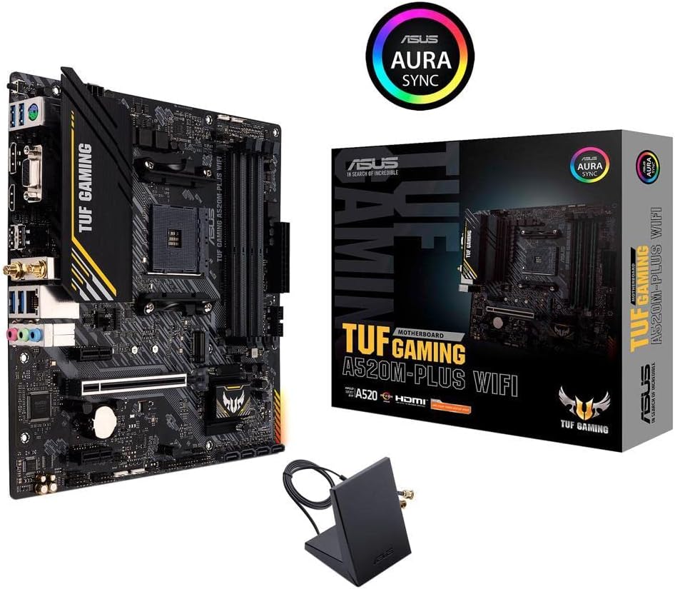 ASUS TUF Gaming A520M-PLUS (WiFi) AMD AM4 (3rd Gen Ryzen™) microATX Gaming Motherboard (M.2 Support, 802.11ac Wi-Fi, DisplayPort, HDMI, D-Sub, USB 3.2 Gen 1 Type-A and Aura Addressable Gen 2 headers)
