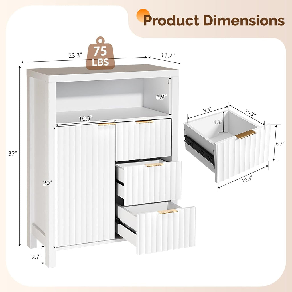 VINGLI Bathroom Floor Storage Cabinet with 3 Drawers, Modern 32" Freestanding Short Storage Organizer with Fluted Door & Adjustable Shelf, 12 Inch Deep White Wooden Console for Small Space