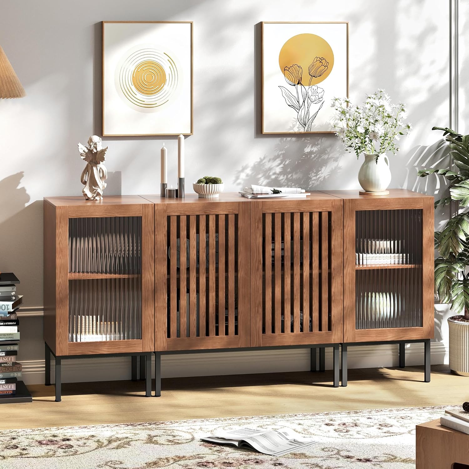 Modern TV Stand for TVs up to 70 Inch, Entertainment Center TV Console with Storage Cabinets and Glass Doors, Media Console for Living Room, Brown