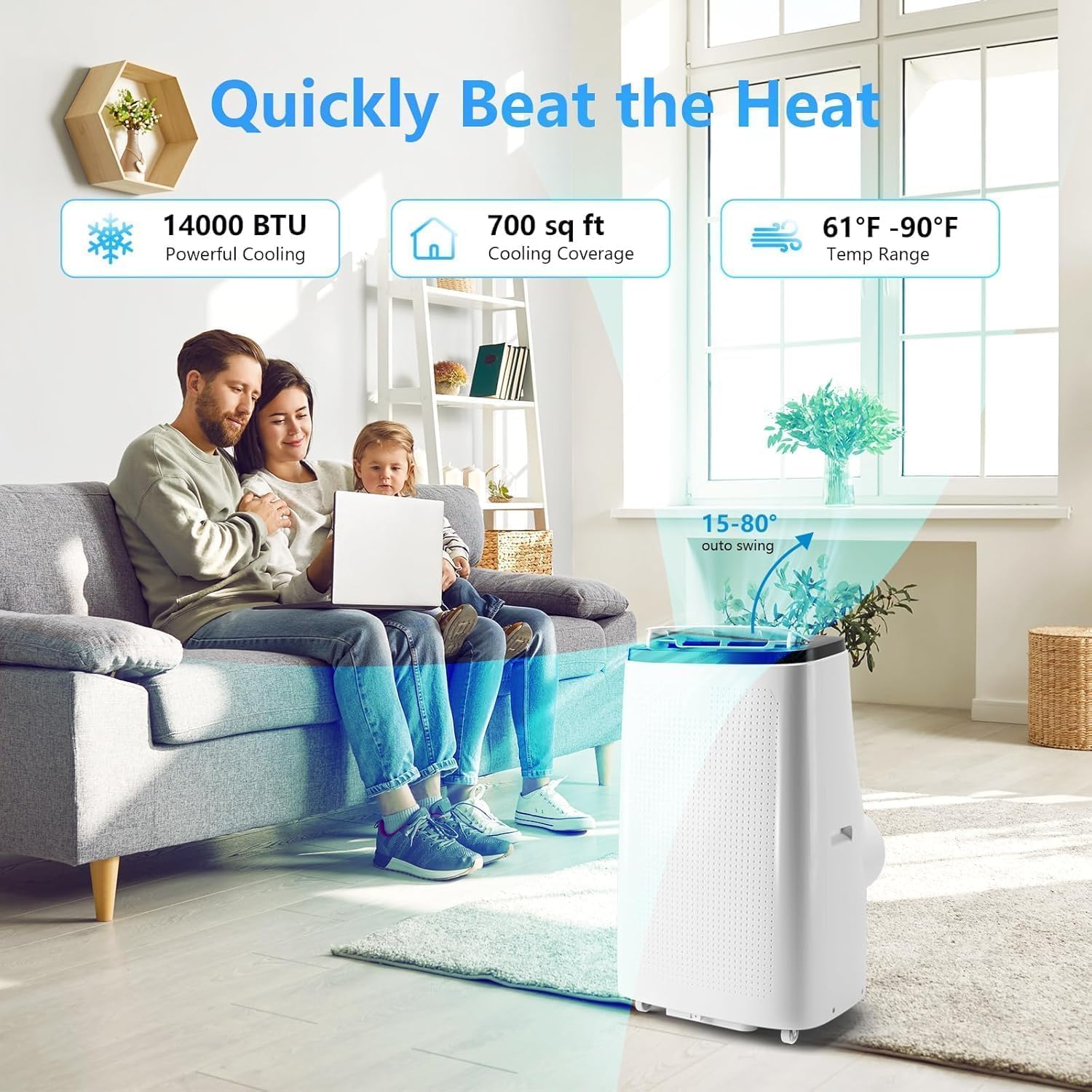 Towallmark 14,000 BTU 3-in-1 Portable Air Conditioner, Cooling, Dehumidifier & Fan, Ultra Quiet 48dB, Sleep Mode, Easy Install (16"-47" Windows), Quick Cooling for 600-750 Sq.Ft. Home, Office, APT
