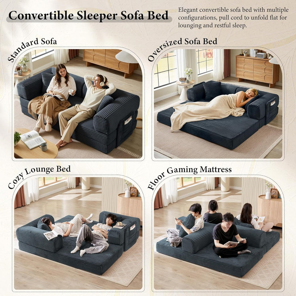 Boneless Couch Folding Couches for Living Room Sofa, Futon Sofa Bed with Sleeper Sofa, Futon Couch with Fixed-Shape Oversized Corduroy Upholstered (Dark Gray, 81 Inches)