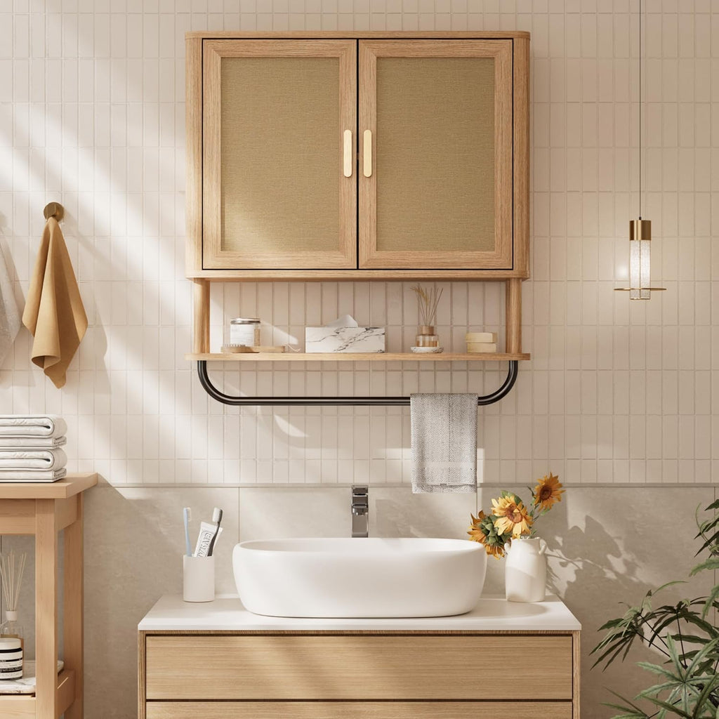 INNOD Rattan Bathroom Wall Cabinet with Towel Bar, Wall-Mounted Medicine Cabinet with Adjustable Wood Shelf & Doors, Over The Toilet Storage Cabinet for Laundry Room & Kitchen & Living Room