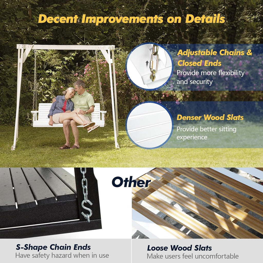 VINGLI Upgraded Patio Wooden Porch Swing for Courtyard & Garden, Heavy Duty 880 LBS Swing Chair Bench with Hanging Chains for Outdoors (5 FT, White)