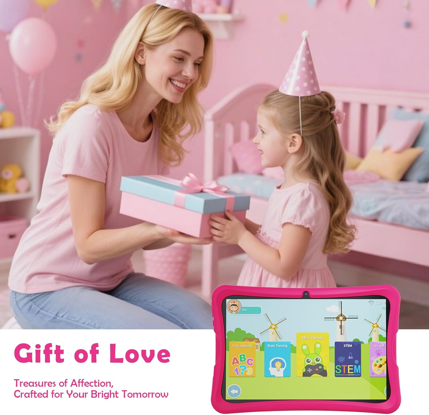 DigiLand Android 15 Kids Tablet,10.1 inch Tablets,6GB RAM+32GB ROM (Expand to TF) Parental Control,Kids Software Pre-Installed,Dual Camera 2MP+5MP,Android Learning Tablet with Proof Case
