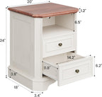 24" White Nightstand with Charging Station, Set of 2 Modern Farmhouse Bedside Table with 2 Drawers and Open Shelf, Traditional Wood End Table with Outlets and USB Ports