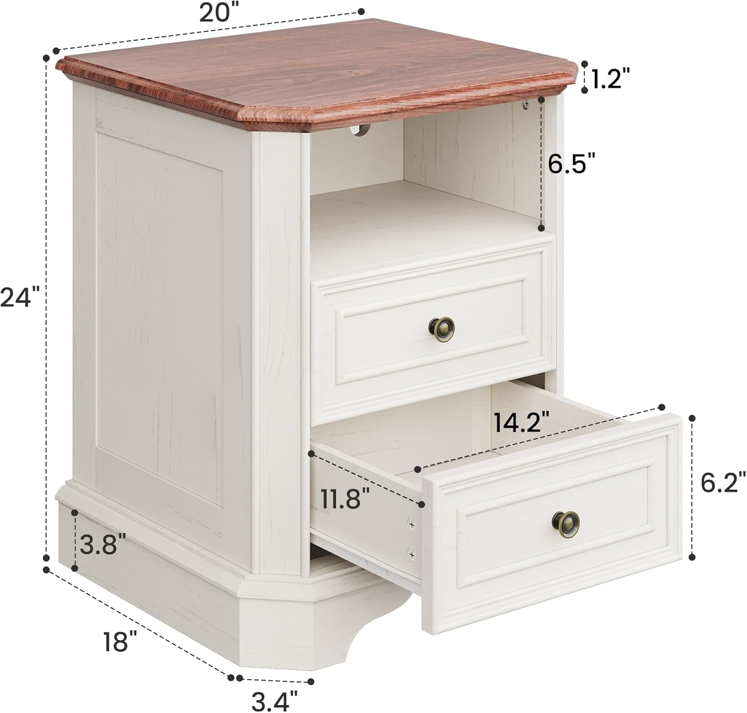 24" White Nightstand with Charging Station, Set of 2 Modern Farmhouse Bedside Table with 2 Drawers and Open Shelf, Traditional Wood End Table with Outlets and USB Ports
